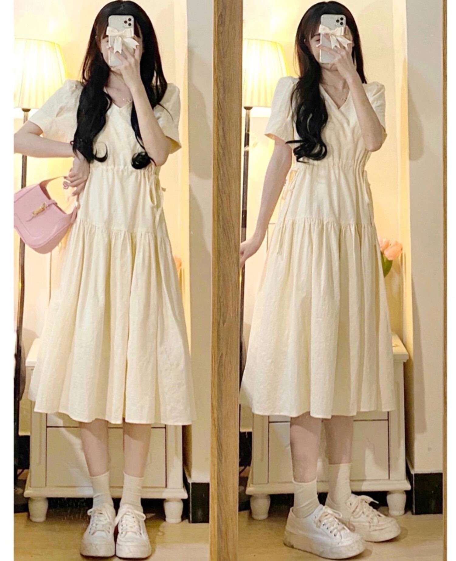 ワンピース フレアワンピース ミモレ丈 ロング丈 半袖 パフスリーブ Vネック 襟なし フレア Aライン ウエストマーク ウエストリボン ハイウエスト ポリエステル かわいい 大人可愛い カジュアル