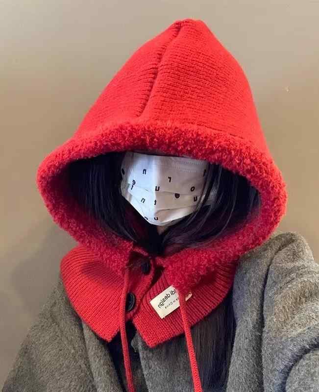 バラクラバ レディース 秋冬 韓国 フードウォーマー ニット帽子 防寒 暖かい 耳保護 ボタン 紐付き シンプル カジュアル 赤 白 グレー
