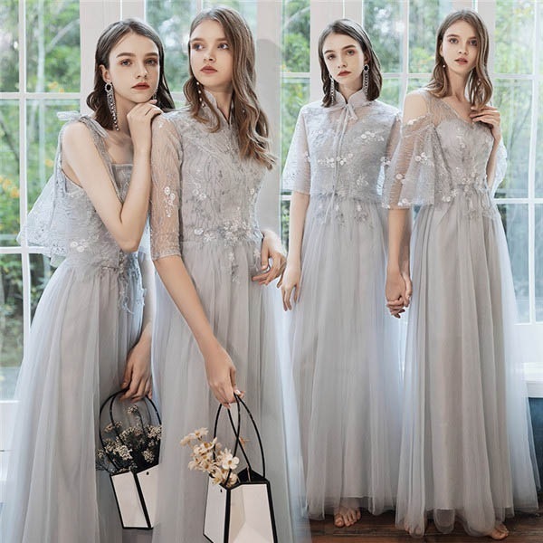 ブライズメイドドレスロングドレスパーティードレスグレー締め上げタイプ袖あり演奏会用ドレス大きいサイズ