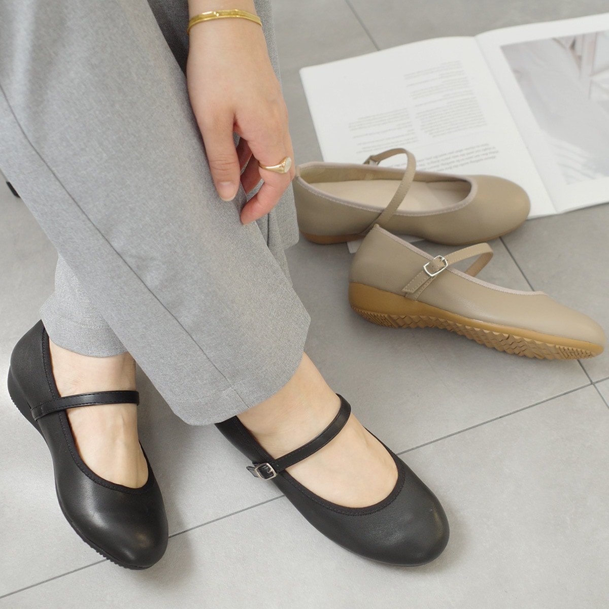 本革3Eコンフォートストラップパンプス レディース