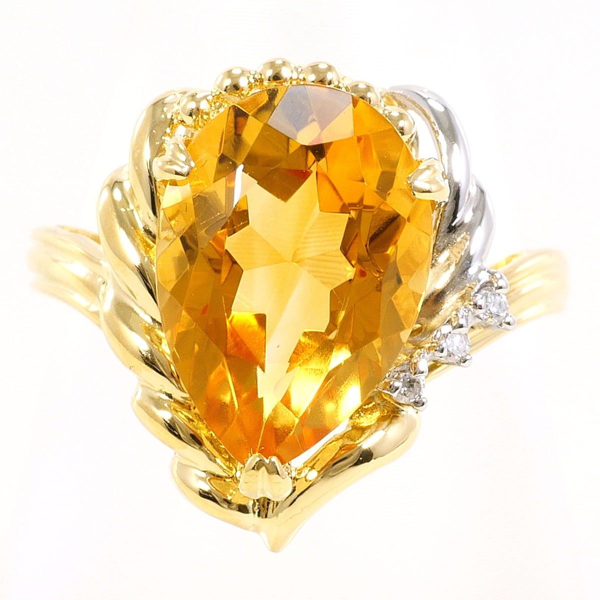PT900 プラチナ K18 18金 YG イエローゴールド リング・指輪 12号 シトリン ダイヤモンド（ct刻印なし） 総重量約4.5g 中古