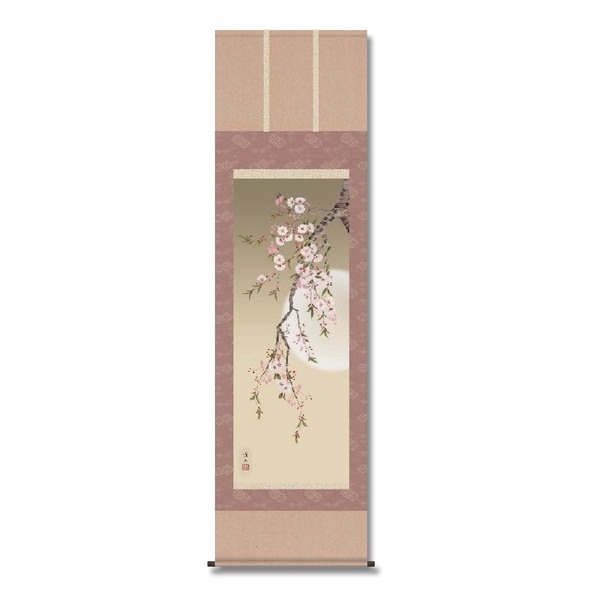 月と桜月に照らされる夜桜掛け軸満月掛け軸夜桜掛け軸 伊藤渓山 掛軸夜桜（尺五桐箱入り）