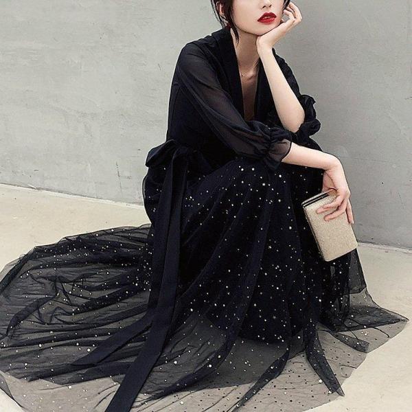 ワンピース 透け感 レース ウエストリボン Vネック 7分袖 袖あり Aライン ロング イブニングドレス カジュアルドレス フォーマルドレス おしゃれパーティードレス