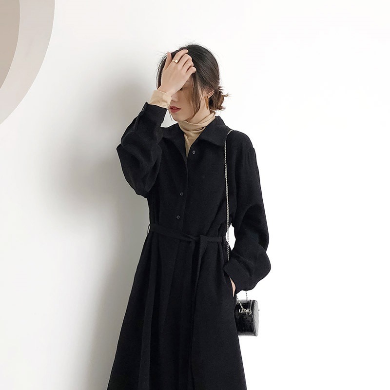 ヘップバーン雪つむぎワンピースの女性の春秋をもらわ着やせ腰スカート初秋長袖の底がシャツのスカート