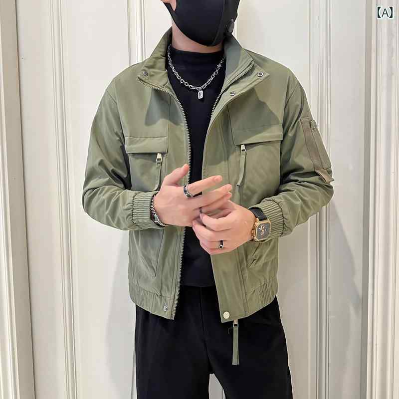 アウター メンズ カジュアル おしゃれ スタンドカラー ジャケット 秋 トレンド シンプル トップス 春秋 グリーン ワークジャケット