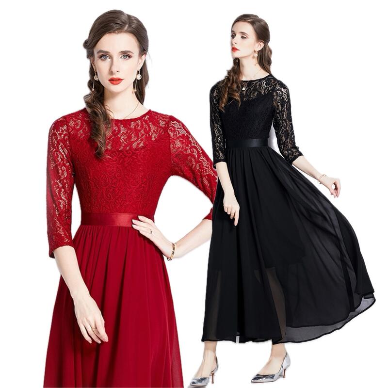 お見逃しなくS~4L2色ブラック レッド ワンピース レースワンピース 7分袖ワンピ パーティー 結婚式 二次会 披露宴 小さいサイズから大きいサイズおしゃれ上品感！ボリューム感 花柄レースシ