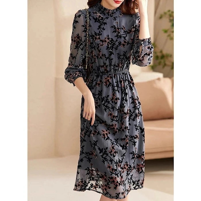 【急速出荷!】ベロア素材花柄 フリルワンピース 長袖 ミディアムワンピース 春 秋 冬 大人可愛い 20代 30代 40代 50代 女性 上品 パーティードレス 二次会ワンピース フォーマル