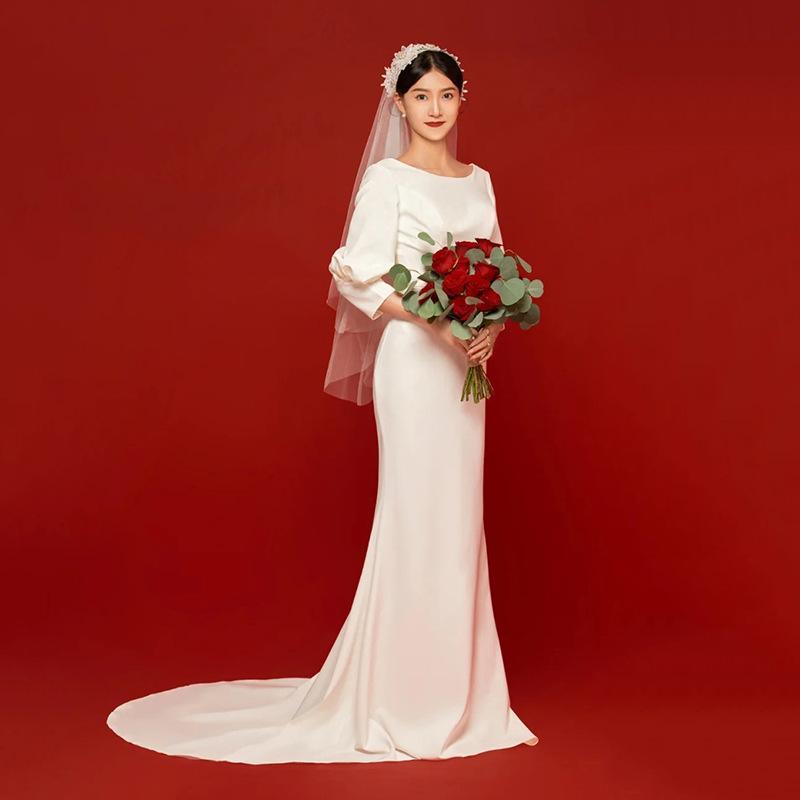 【即納】新入荷 ウェディングドレス トレーンライン フォーマルドレス 長袖ドレス エレガント パーティードレス 花嫁ロングドレス ワンピース結婚式 二次会