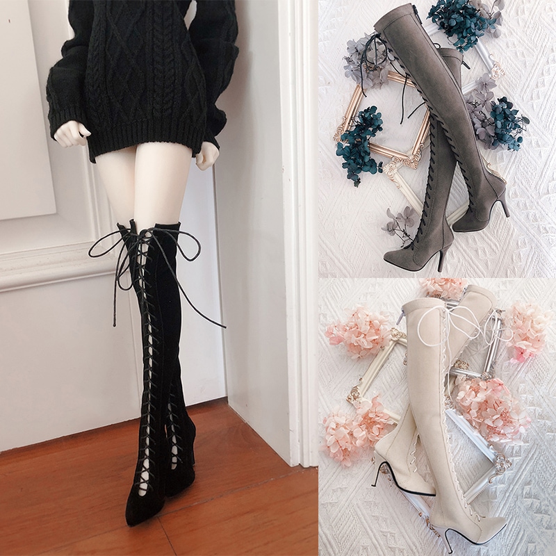 BJD ドールシューズ ロングブーツ 編み上げ ハイヒール 膝上 6色 1/3サイズドール靴 SD16/SDGRサイズ球体関節人形用