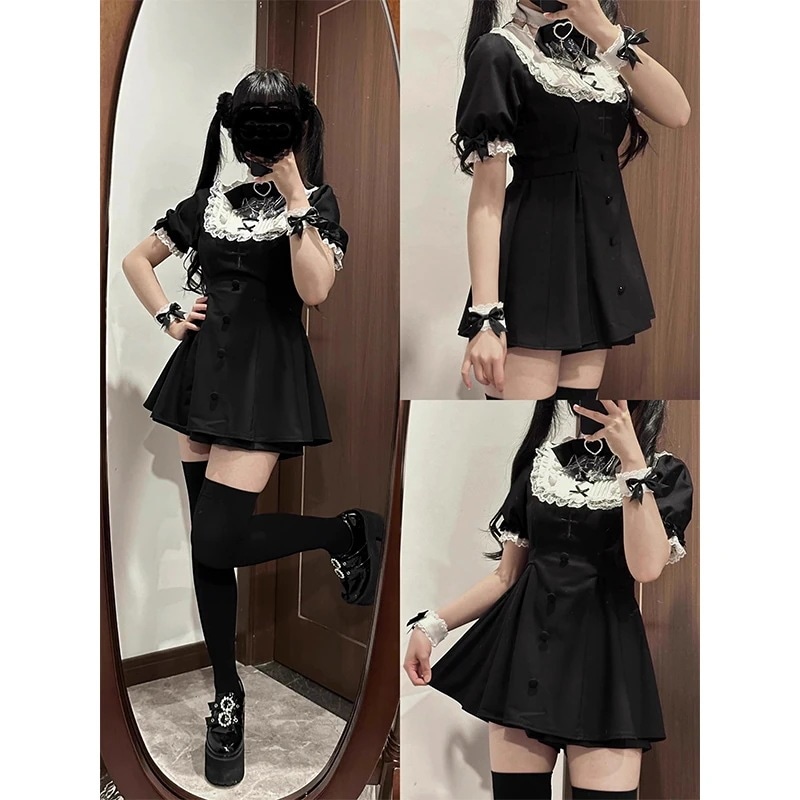 地雷レース白黒スプライス半袖ロリータ刺繍ウエストワンピース女性用