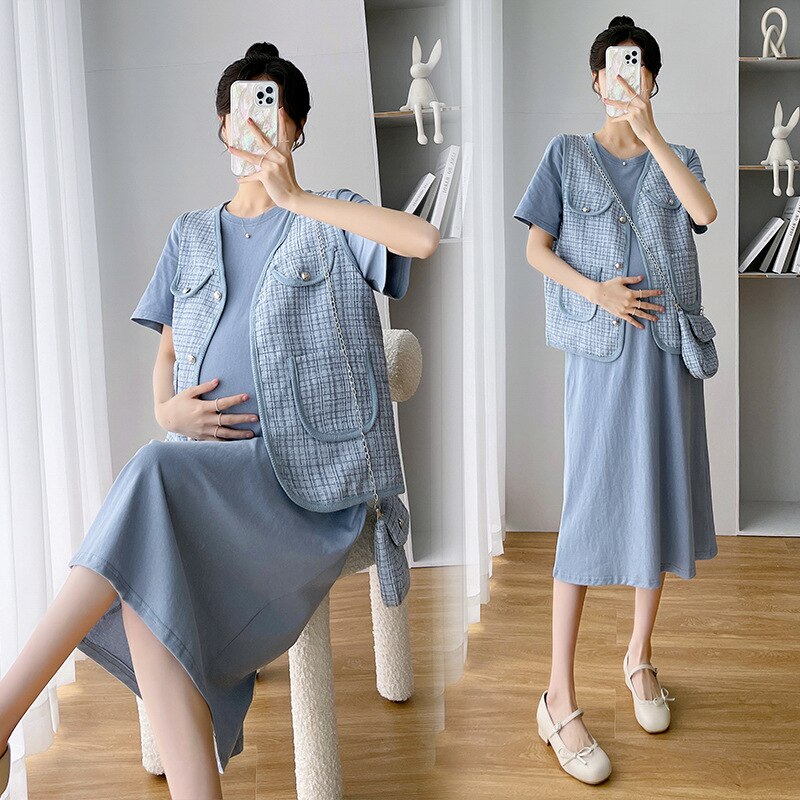 春先取りの の大型サイズの妊婦の半袖Tシャツスカート+香ちゃんのベスト2セットの太ったMM マタニティウェア