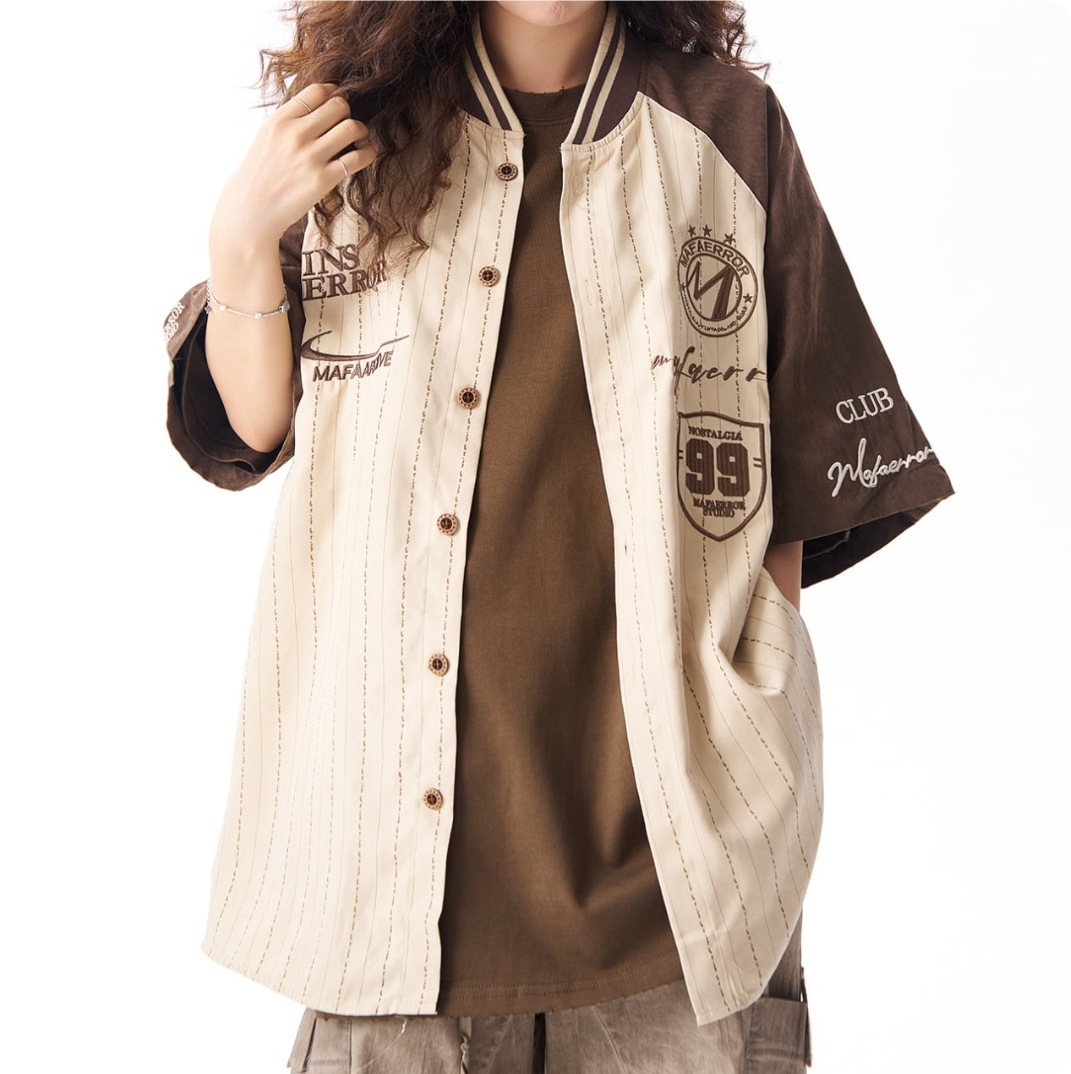 アメリカン デザイン 夏と秋 ヴィンテージ カラーブロッキング 刺繍 ベースボール・ジャージ 半袖 シャツ ルーズ トップス カレッジスタイル ヴィンテージクラブシャツ