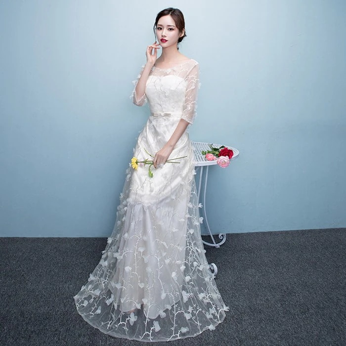 ウェディングドレス 結婚式 二次会ドレス カクテル ドレス 結婚式 お呼ばれドレス 花嫁 二次会 シースルーファスナー パーティードレス 大きいサイズ 白 ワンピース 花柄 マキシ丈 五分袖