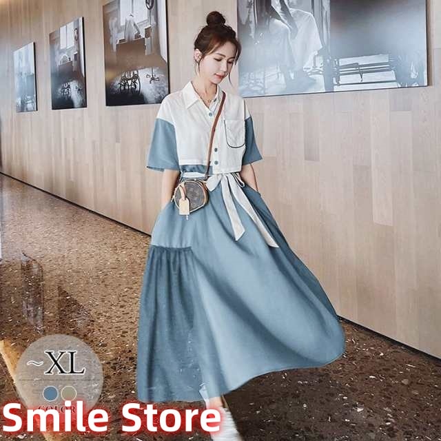 / 母親 ナチュラルコーデ 食事会 ボタン 襟付き ドライブ ウエストリボン ロング丈 ストリート 袖ゆったり ポケット ワンピース ガーリー 半袖