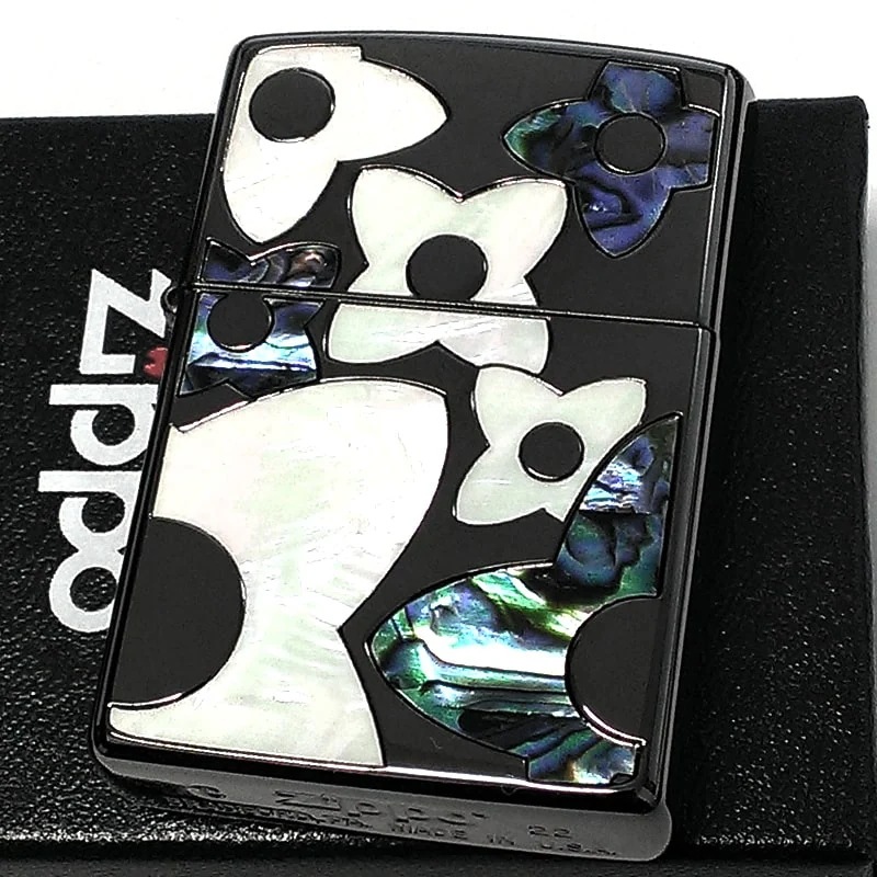 ZIPPO ライター シェルフラワー ジッポ ブラックニッケル 花柄 両面加工 シェルインレイ 天然貝 可愛い 女性 おしゃれ レディース かわいい 黒 プレゼント ギフト