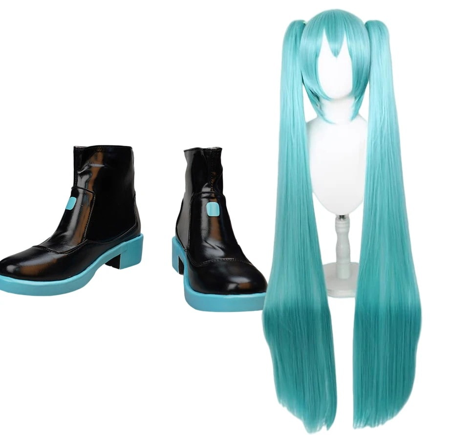 コスプレ靴初音ミクMikuウィッグ付きブーツ下駄シューズ長靴コスプレクリスマスハロウィン