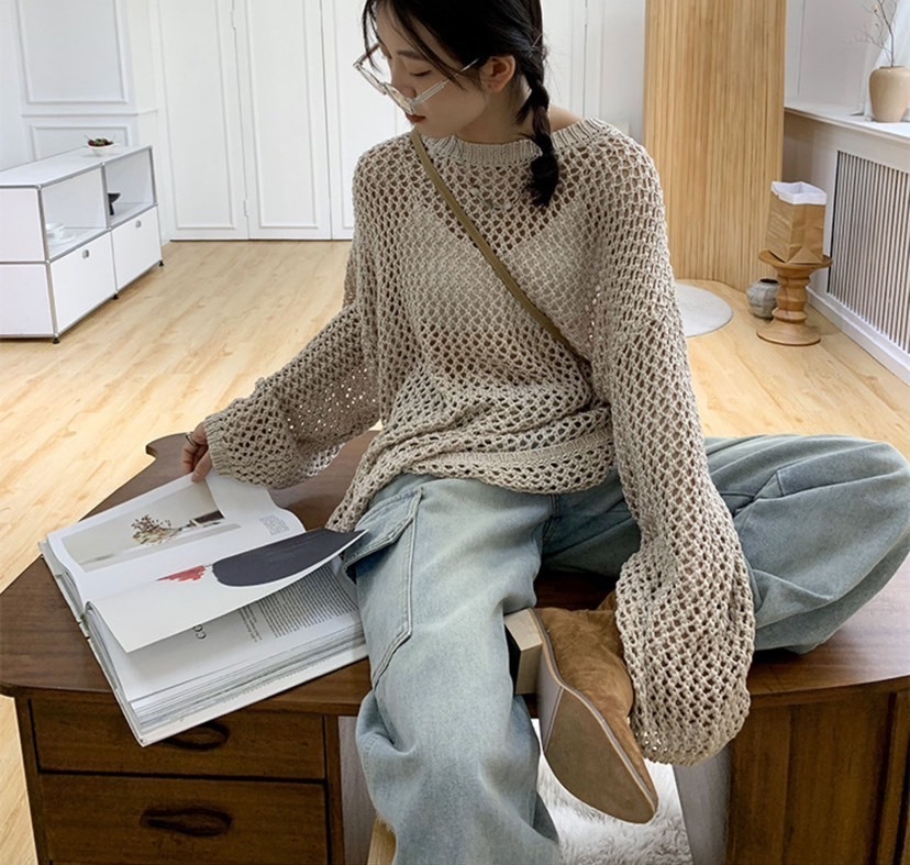 メッシュ ニット トップス レディース 春 長袖 メッシュニット 透かし編みニット ショート丈 レイヤード ゆったり レディース 可愛い オシャレ a4925