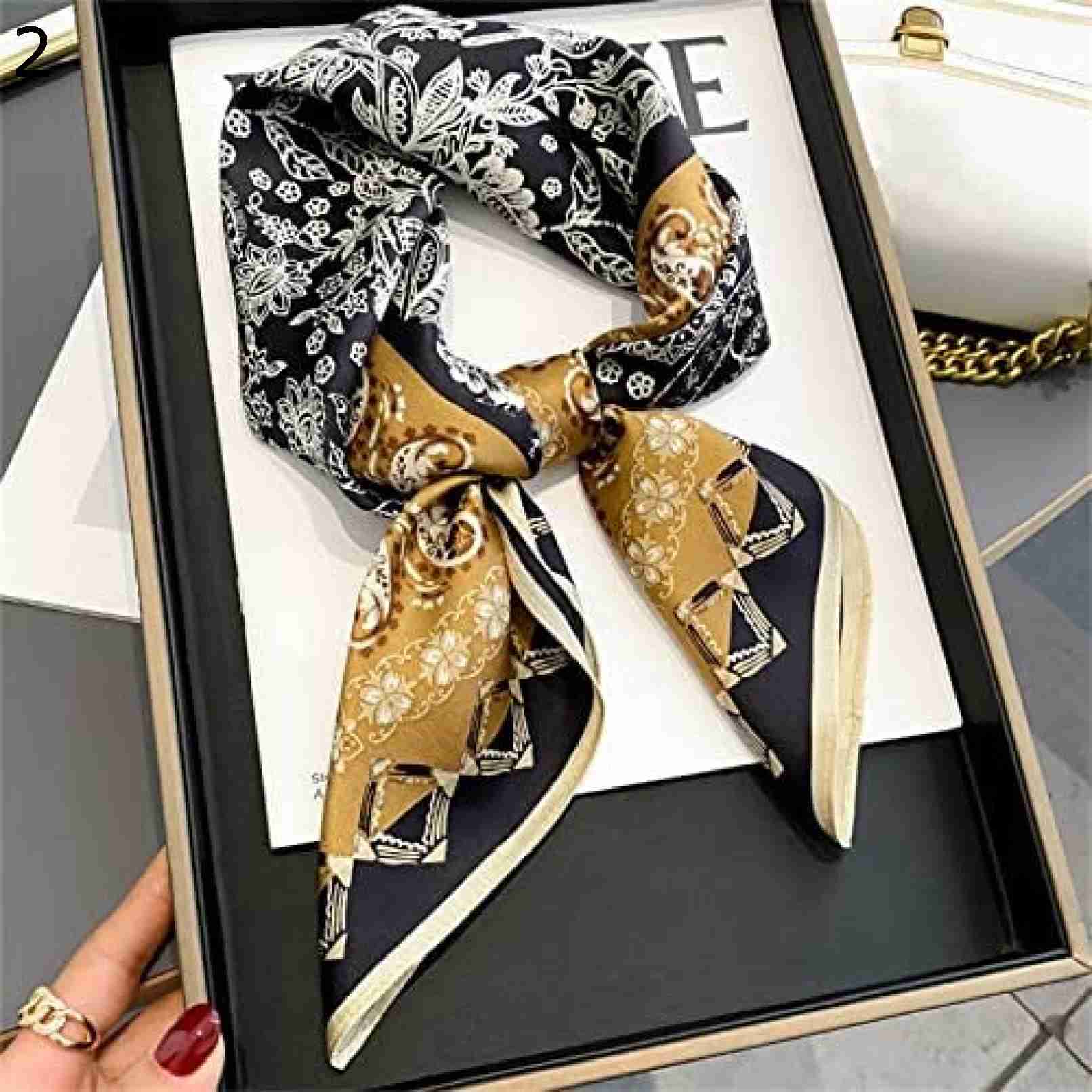 【20%OFFクーポン～】レディース スカーフ 春と秋の薄いパッチワーク 2 色ボタニカル チェーン巻き裾 70 センチメートル スカーフ装飾的な正方形のスカーフ 制服用 カジュアル上品 結婚式 (