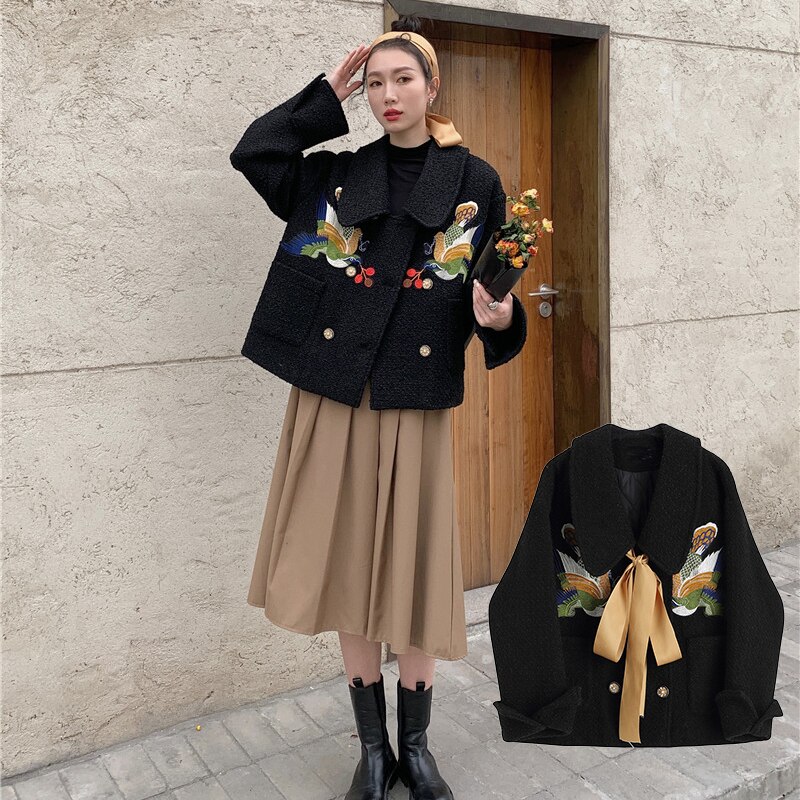 刺繍ツイードコート リボン 黒今週の割引は 25% オフです色 復古 Vネック 秋冬 カーディガン アウター レディース 通勤