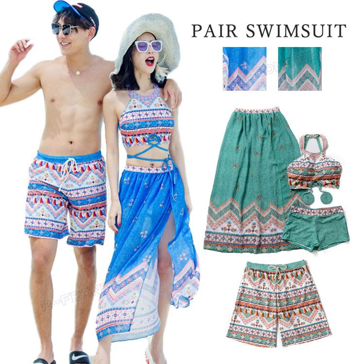 ペア水着 カップル まとめ買いでお得！ 水着 カップルお揃い メンズ レディース 4点セット ビーチパンツ ビーチ水着 ラッシュガード セパレート 体型カバー セッ