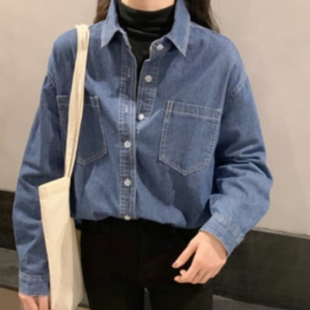シンプルデニムシャツ トップス シャツ ブラウス 長袖 襟付き デニム かわいい きれいめ シンプル