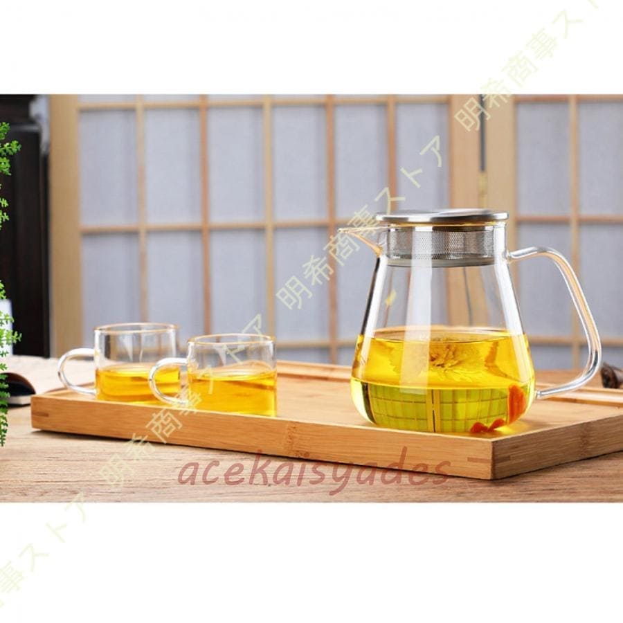 茶こしリーフ耐熱ガラス ポット カップ付き 紅茶ポット ガラス茶こし付き 耐熱ガラス ティーポット 透明 食器 ガラスポット ティーサーバー お茶ポット