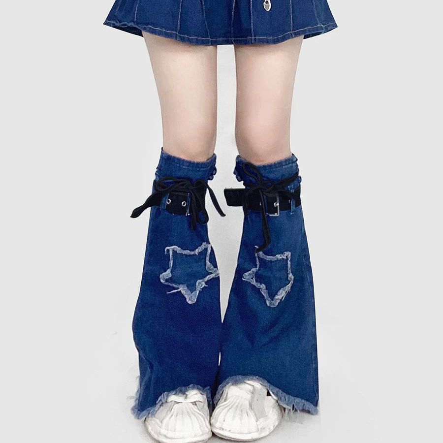 ミレニアルスタイルレトロサブカルチャーデニムレッグカバーy2kパーソナライズカーフソックススターストラップスイートクールソックス