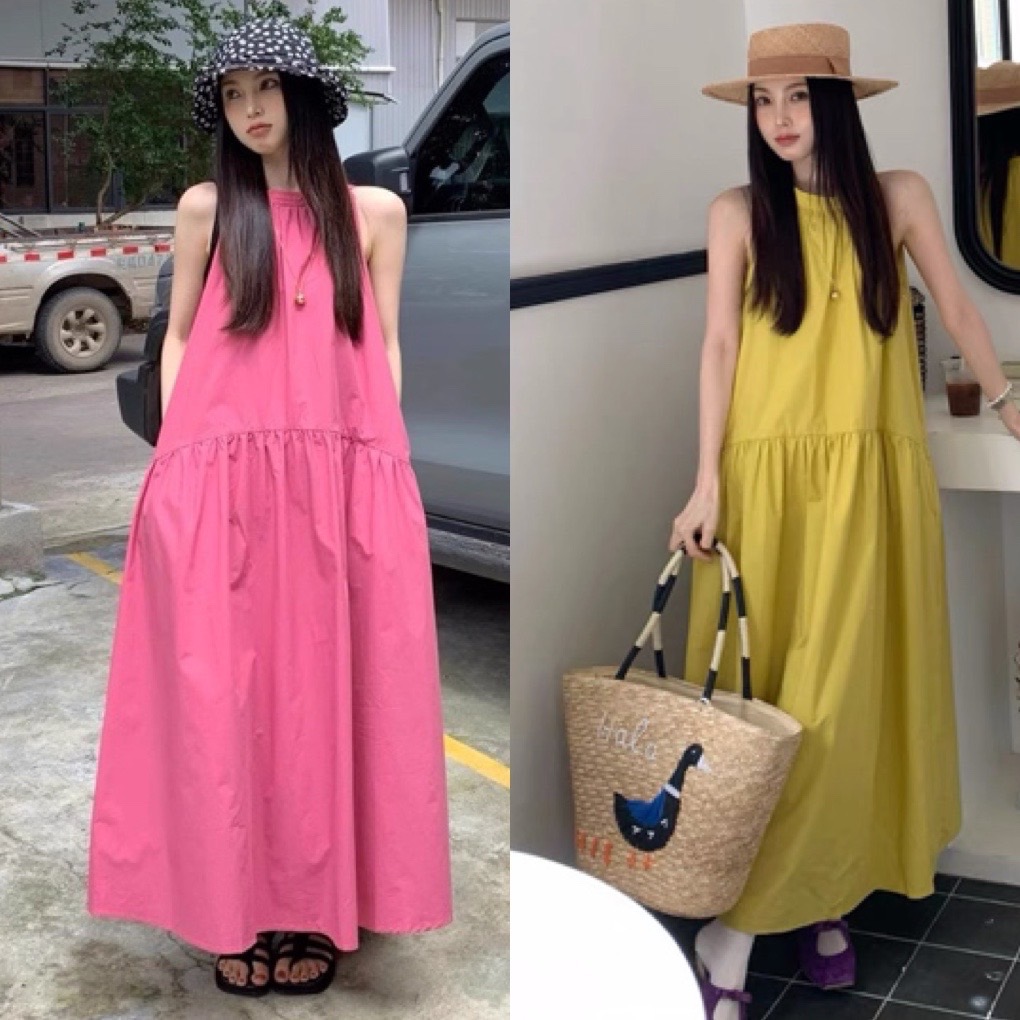 ノースリーブワンピース ワンピース ドレス ジレ サマーワンピ ロングワンピース マキシワンピース ホルターネック フロントギャザー 夏コーデ 旅行 お出かけ マタニティー ジレワンピース レディース