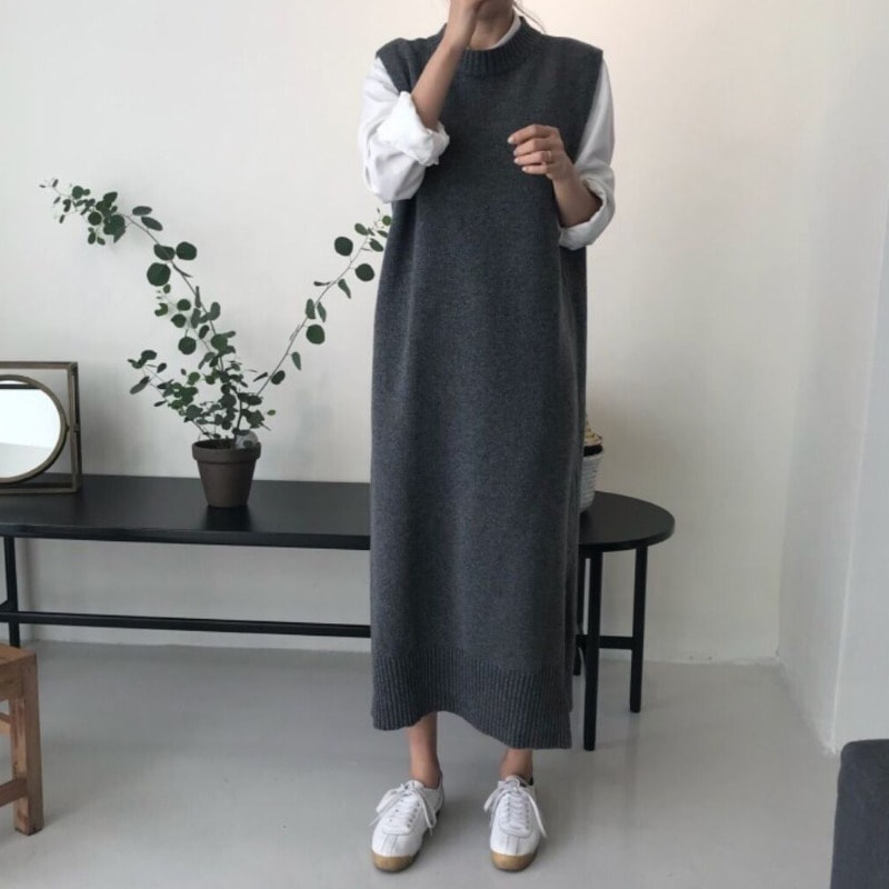 ワンピース ベスト ロング ロング丈 マキシ マキシ丈 袖なし ノースリーブ Uネック ラウンドネック スリット サイドスリット 透け感 シースルー ニット かわいい 大人可愛い シンプル カジュアル