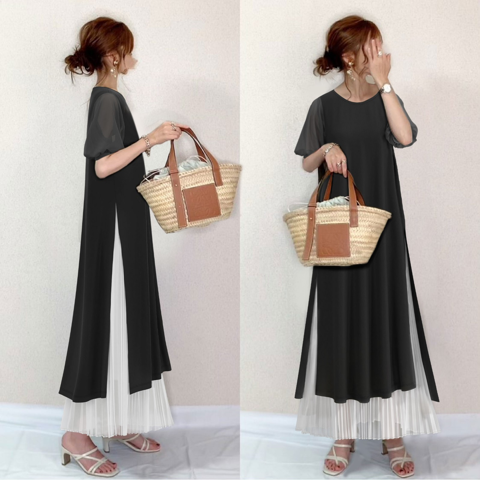 【着た瞬間 即お洒落見せ！】欠かせない シンプル 切り替え ギャザー パフスリーブ ラウンドネック カジュアルワンピース 4,509円