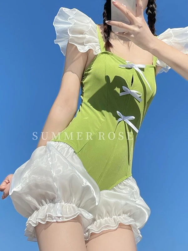 かわいい ロリータ レディース 水着 レオタード水着 パッド付 かわいい リボン 小胸 露出控えめ 緑 グリーン 夏 海 ビーチ プール 温泉旅行