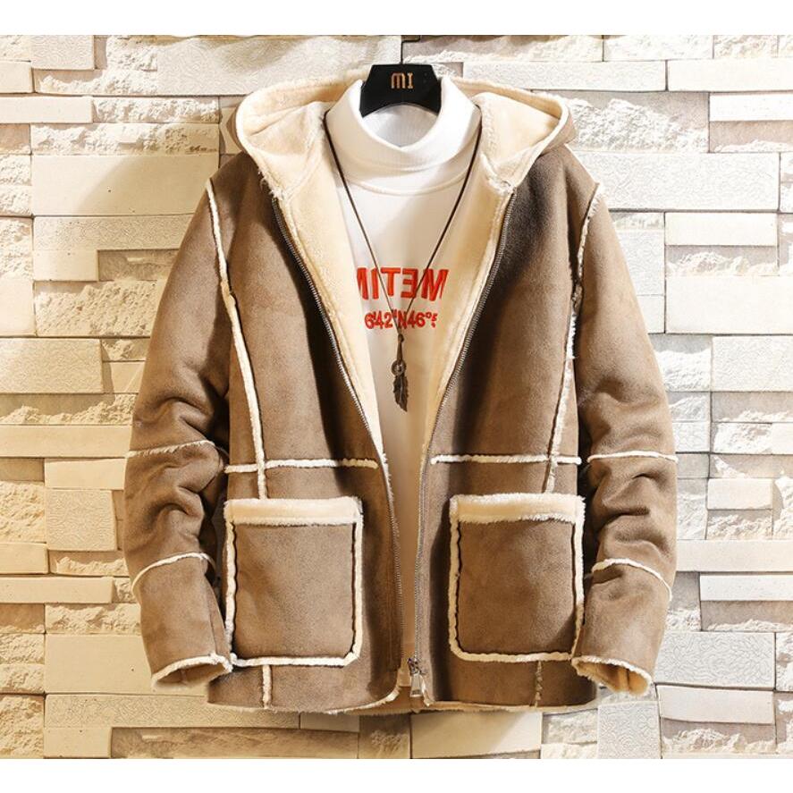 格好良い 2色 大人気 上品 メンズ ムートンコート 裏起毛 暖かい フード付き ショート丈 Pコート 厚手 防寒着 保温 通勤 軽量 OL 防風 冬服 アウター M-3XL