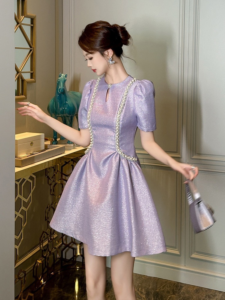 【JY.上品】 2025夏新品 パール飾り ショートワンピース Aライン ドレス パーティー キャバ 大人 同窓会 披露宴 卒業式 結婚式 演奏会 ウェディング 二次会 メガ割