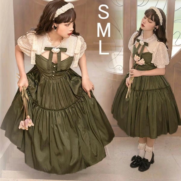 ロリータ クラロリ ゴスロリ ワンピース Aライン Lolita パフスリーブ ミモレ丈 リボン レディース コスチューム 衣装 かわいい フリル 仮装 パーティ ハロウィン イベント 可愛い グリー