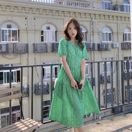 【取寄：納期2週間】膝丈ワンピース ドット 水玉 レディース 緑 夏新作 ラウンドネック 半袖 レトロ シンプル ひざ丈ワンピース Aライン ワンピース ドット 水玉 レディース 緑 夏新作