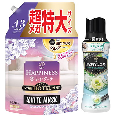 他サイト： レノア 【まとめ買い】【柔軟剤+ビーズ】 ハピネス夢ふわタッチリラックスナイトホワイトムスクの香り柔軟剤詰め替え 1,620mL + アロマジュエル 香り付け専用ビーズパステルフローラル&ブロッサムのの商品画像