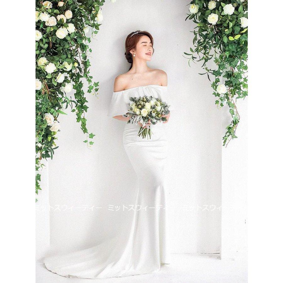 韓国ファッション花嫁 披露宴 二次会 白 結婚式 ロングドレス スレンダードレス 演奏会 ウェディングドレス パーティードレス ブライダル ウエディングドレス オフショルダー