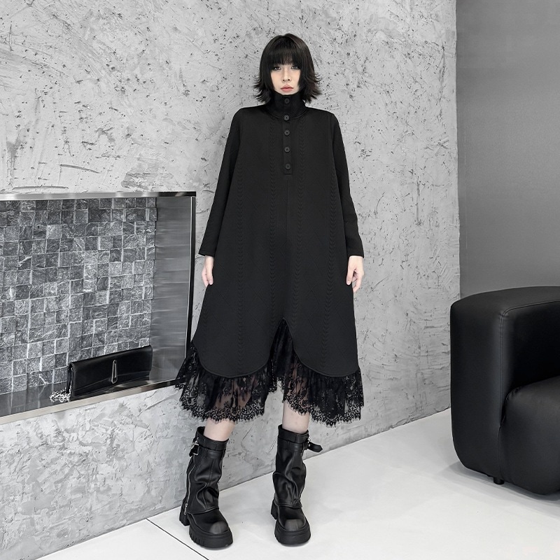 【J.Fashion】 2025秋 シャツワンピース レースドッキング タートルネック おしゃれ レディース ロングワンピース 関連商品購入可能 メガ割
