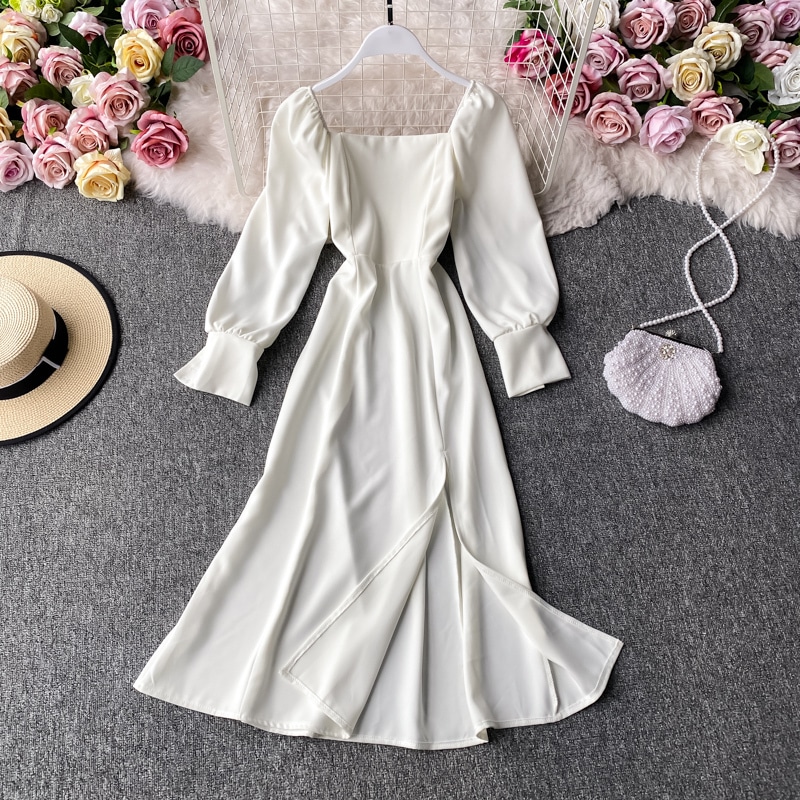 ワンピース レディース フレアワンピース ミモレ丈 サイドスリット 袖あり 長袖 スクエアネック