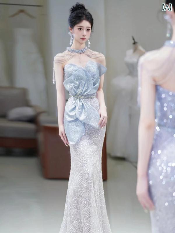 ドレス　パーティー　レディース 重厚の イブニングドレスの 高級 ホストの パーティーのの 輝く 青い ホルターネック フィッシュ テール トースト ドレスの 花嫁の 感