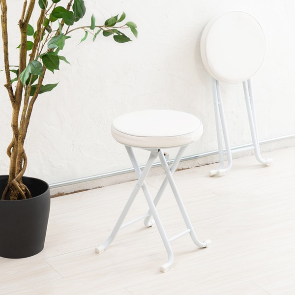 [6個セット]ベーススツール（ホワイト/白） 折りたたみ椅子/カウンターチェア/合成皮革/スチール/イス/丸イス/コンパクト/スリム/キッチン/クッション/パイプイス/完成品/NK-023