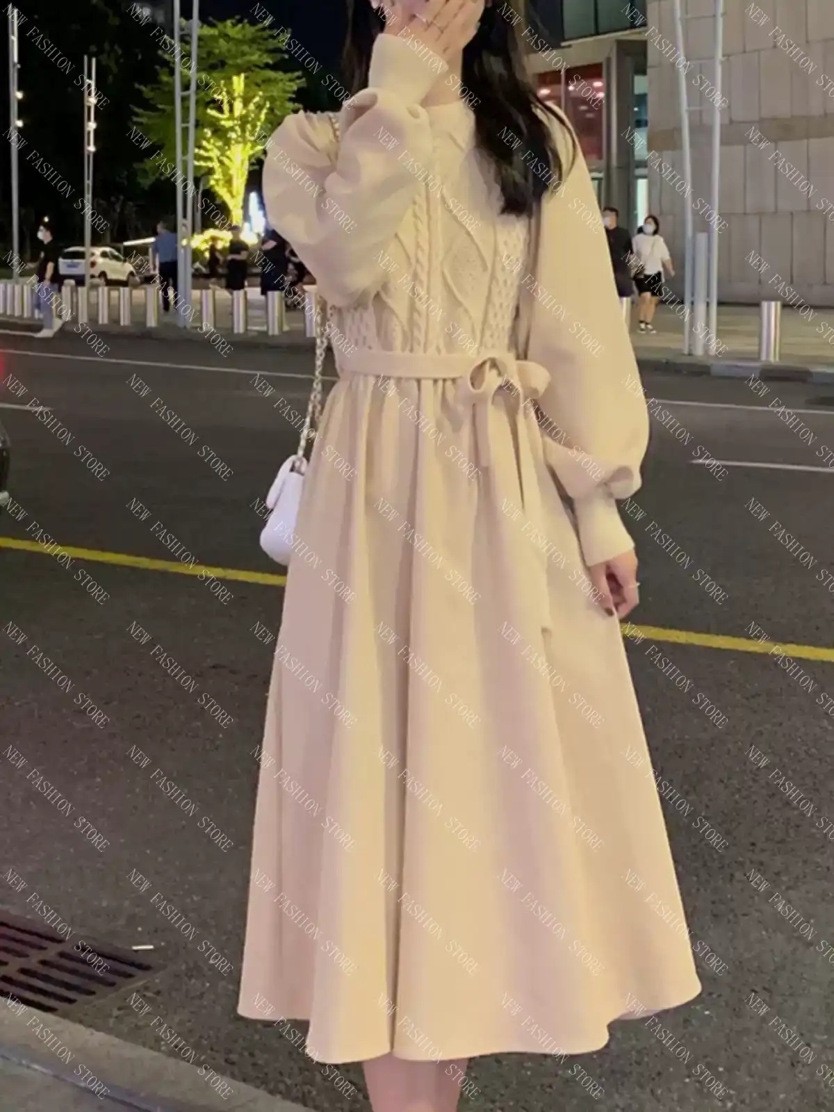 フレンチニット長袖ワンピース秋冬a字ロングスカート-87