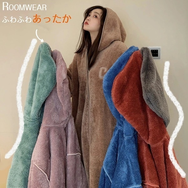 【激安開催！】ルームウェア もこもこ 冬 カーディガン ペアルック 男女兼用 ロング丈 ワンピース 裏起毛 冬 もこもこ 着る毛布 ナイトウェア 可愛い 軽い ふわふわ 長袖 パジャマ 部屋着 ボア
