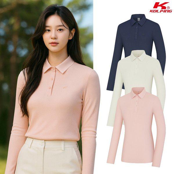 女性ハイクールクール素材リブ編み登山長袖カラーTシャツKSC422WT7W