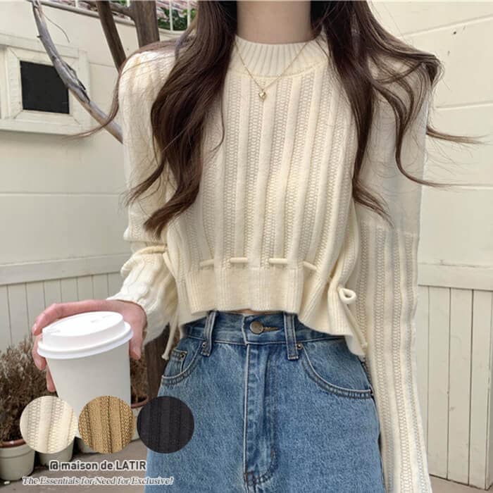 コンパクトなシルエットが可愛い裾リボンデザインセーター　プルオーバー　ハイウエスト　ショート丈　夏　クルーネック　無地