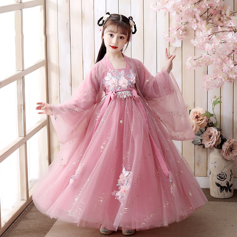 漢服の女の子 2022 新しい子供の中国風の古代の衣装スーパー妖精唐スーツ スカート プリンセス ピンク ドレス韓服