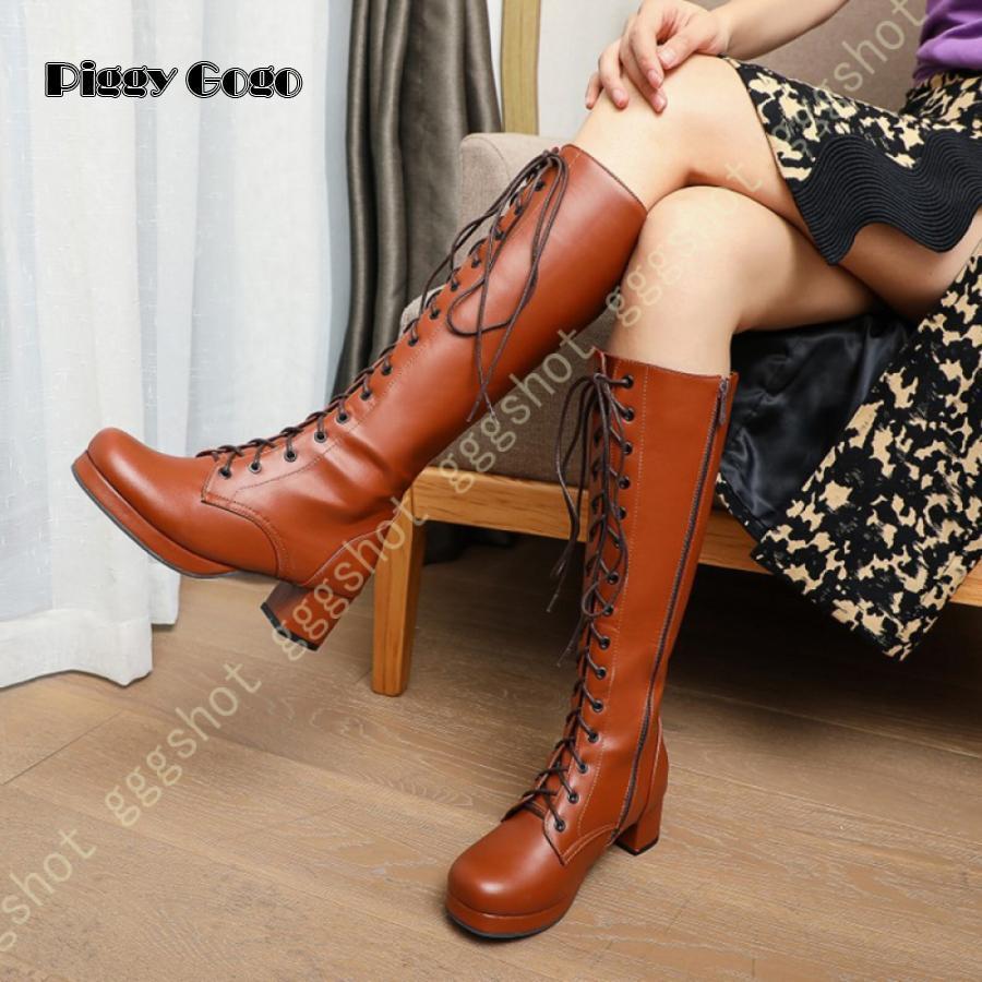 ロングブーツ レディース ブーツ 大きいサイズ 編み上げブーツ レースアップブーツ ジョッキーブーツ 秋冬 春 太ヒール サイドジッパー 美脚 通学 旅行 長靴