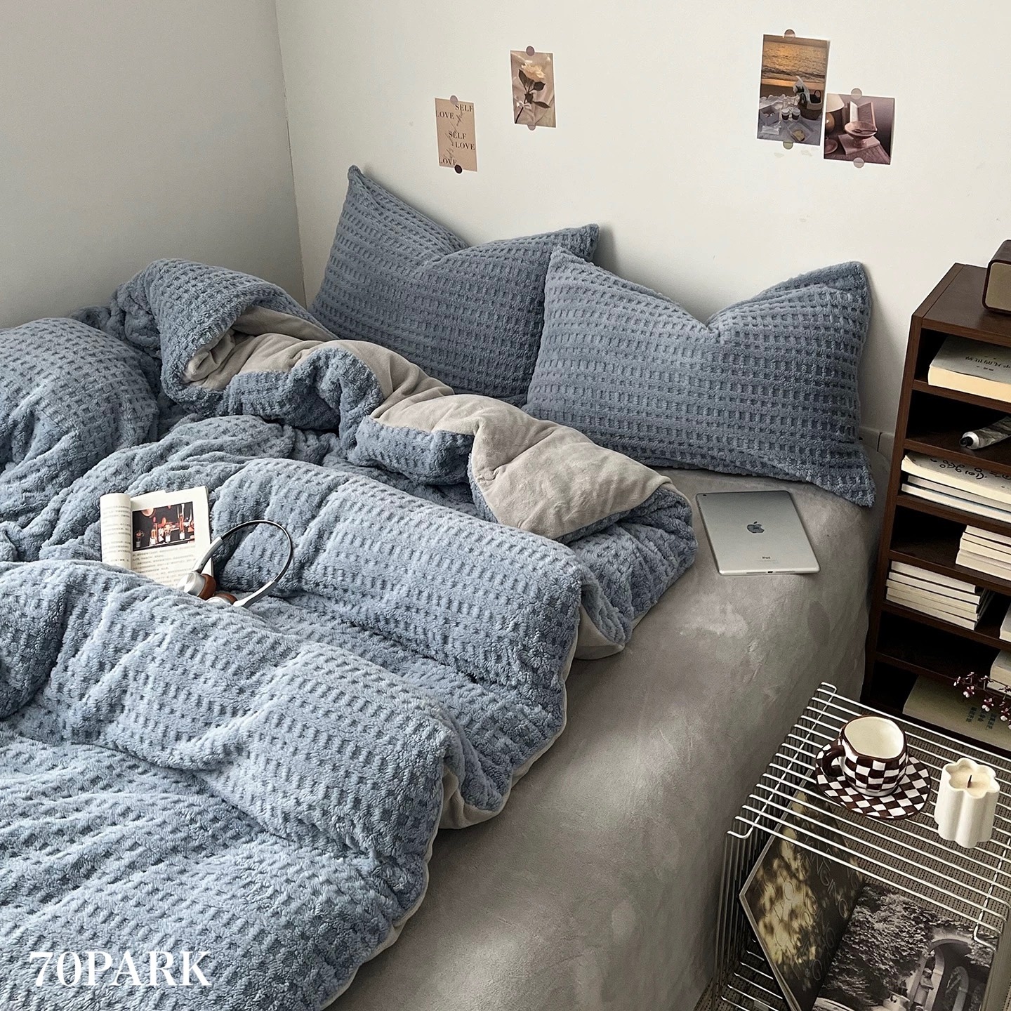 ブルー グレー 厚手 ミルク フリース 冬用 布団カバーセット 全2サイズ シングル クイーン とろふわ おしゃれ 韓国 北欧インテリア 韓国インテリア 韓国雑貨 70PARK