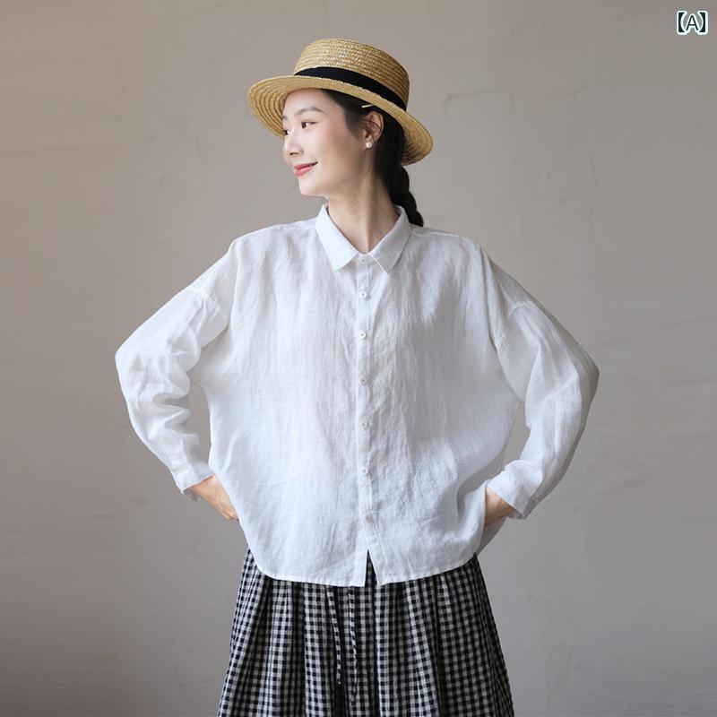 レディース　　シャツ　トップス Her City 夏 ラミー クール 通気性 シャツ コットンリネン 文学 レディース 長袖 トップス ボトム