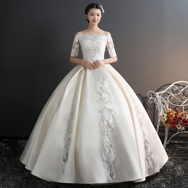 ウェディングドレス 五分袖 ビスチェドレス 白 チュール 花嫁ドレス